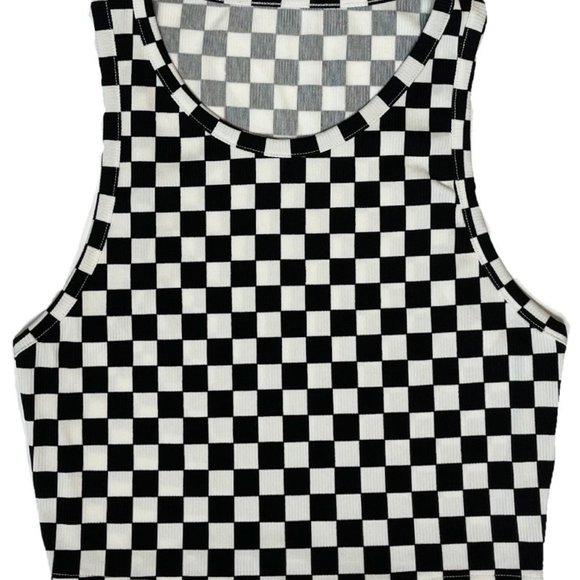 Miss Sparkling NEW Cropped Checkered Printed Rib Knit Tank in Black - Picture 2 of 6